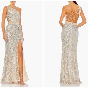 MAC DUGGAL 5687 ONE SHOULDER SEQUIN BEADED LACE-UP BACK NUDE SILVER GOWN sz 8